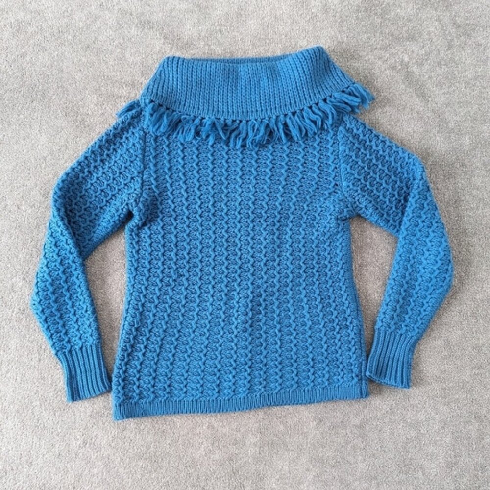 Swiss Made Tanner Women's Turtleneck Wool Sweater Size Large XLarge Blue Tassel